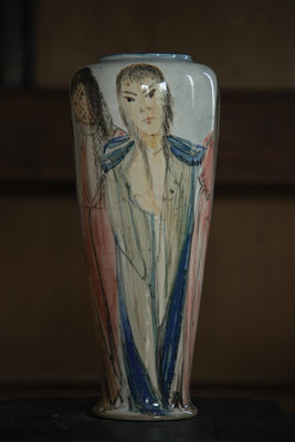 「上層窯」鶯歌製造 黃明漢作品 撫琴 彩繪花瓶 瓷器 A1-05