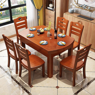 餐桌現代簡約 實木變圓餐桌家用小戶型長方形飯桌子可伸縮折疊10人