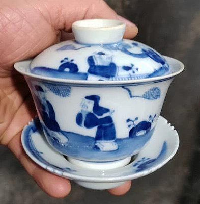 #興趣收藏好貨 清代若深珍藏底款青花福祿壽人物圖陶瓷蓋碗茶杯