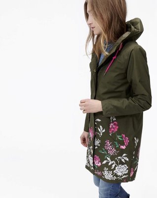 Miolla 英國品牌 Joules 深軍綠下身花朵內里條紋防水防風透氣腰間繫帶長版風衣外套