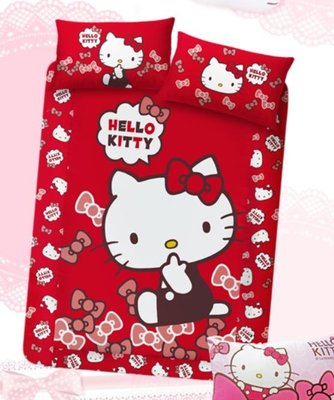 =YvH=單人床包枕套 台灣製 正版授權 Hello Kitty 經典甜美 紅色 3.5x6.2尺 red