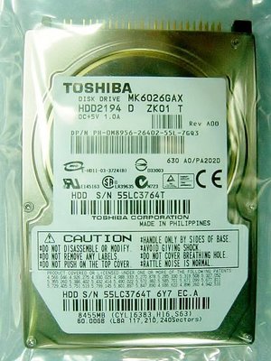 保固1年【小劉硬碟批發】全新Toshiba  超大16M 緩充2.5吋 60G IDE 筆電硬碟,MK6026GAX