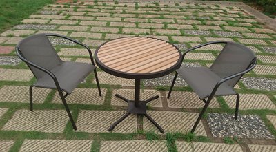 【加百列庭園休閒傢俱】歐式休閒風~74cm半鋁製塑木圓桌+鐵製紗網椅(咖啡管色) 戶外休閒桌椅~庭園景觀餐廳咖啡品茗必備
