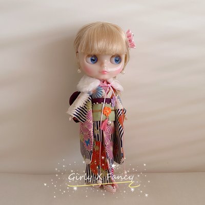 Blythe 振袖和服系列-條紋_藍【まるこ手工縫製小布娃娃衣服】