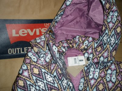 Levi's 日本購買 女用 幾何圖紋 北歐 紫藍色 修身 曲線 短版 連帽 立領 兩用 羽絨外套 S號 M號 全新