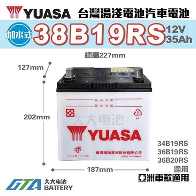 ✚久大電池❚ YUASA 湯淺 38B19RS 36B20RS 加水式 汽車電瓶 威力1.1 , 1.2、菱利1.2 , 1.3 , 1.6