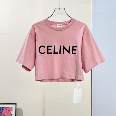 CELINE 短款字母Logo短袖T恤 粉色
