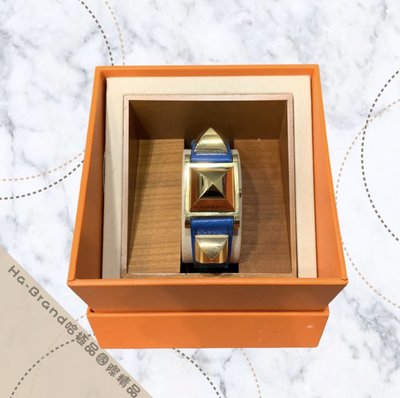 【哈極品】美品《Hermes 愛馬仕 藍色全皮金釦 CDC 石英錶造型錶/手鐲/手環》