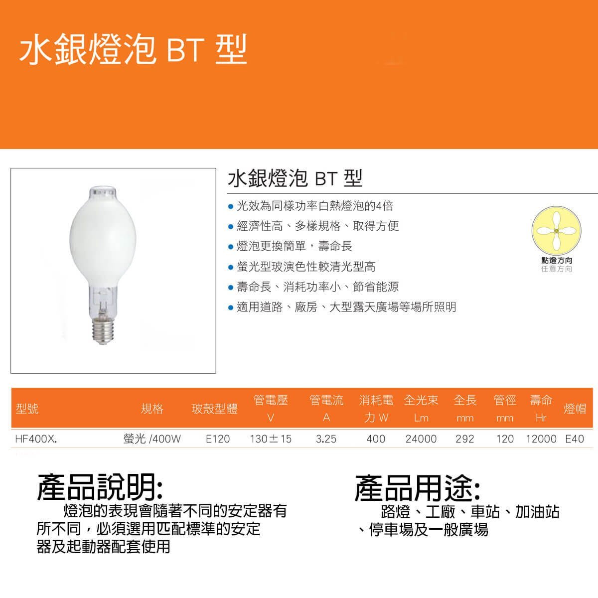 EAE 含稅水銀燈泡需安定器400W E40 清光/霧面光彩照明EAE-400W-GU2Q-C 