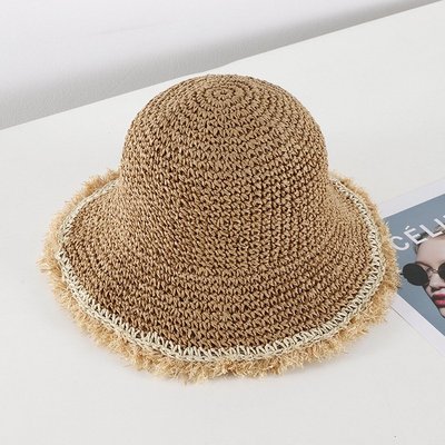 韓國拉菲編織毛邊漁夫草帽女夏季日系出游遮陽帽可折疊沙灘帽