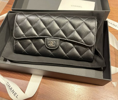 Chanel A80758 Continental Wallet 菱格紋荔枝皮長夾 黑銀 現貨