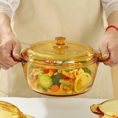現貨熱銷-青蘋果法式琥珀色鋼化耐熱玻璃煲大號2L家用餐具湯碗沙拉碗泡面碗
