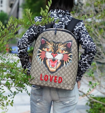 Gucci 419584 Angry Cat print GG Supreme backpack 野山貓後背包 現貨