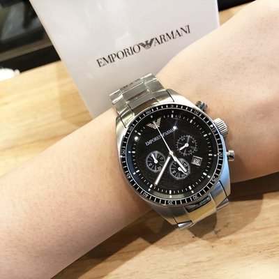 EMPORIO ARMANI 黑色面錶盤 銀色不鏽鋼錶帶 三眼計時 石英 男士手錶 AR0585