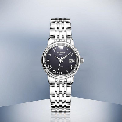 CARNIVAL嘉年華50802女表品牌時尚手錶正品防水女士石英錶蝴蝶扣不鏽鋼錶帶手錶日曆手錶女生商務女士腕錶禮物