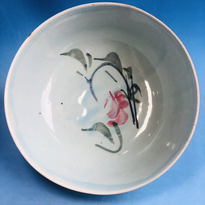 台灣早期老碗盤 碗(#7) — 紅綠彩花卉紋 碗公 直徑21.7公分