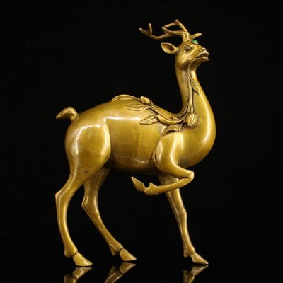 純銅全銅純手工打造鑲嵌寶石鹿重1567克高25.5公分寬15.5公分2200-編碼