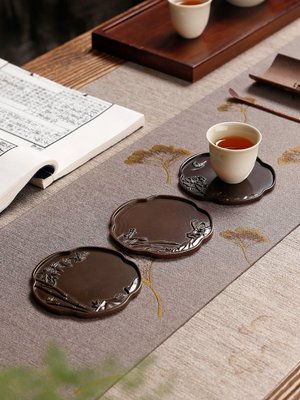 手工雕刻純銅杯墊中式梅蘭菊竹日式茶杯托隔熱茶托墊防滑功夫茶具-特價