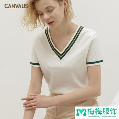 canus新款純棉v領織帶寬鬆氣質短袖t恤女上衣k1069a-梅梅服飾