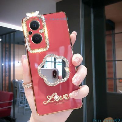 oppo Reno7z 5G 手機殼 帶支架化妝鏡子超薄浮雕套 高檔小眾女 oppo手機保護殼