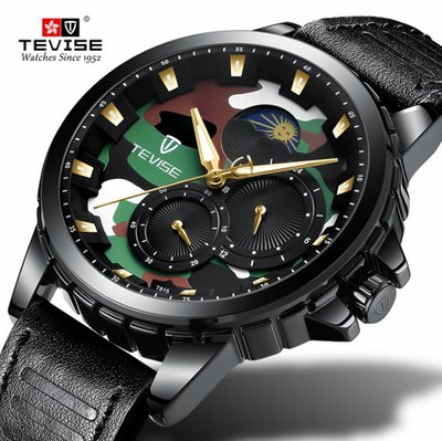 【潮裡潮氣】TEVISE特威斯全自動機械手錶迷彩男士手錶月相星辰防水機械手錶