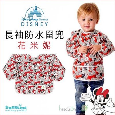✿蟲寶寶✿【美國 Bumkins】Disney 迪士尼 兒童防水長袖圍兜 - 花朵米妮