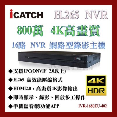 可取 ICATCH 16路 H.265 800萬畫素 NVR 網路型錄影主機 監控主機 IVR-1680EU-402