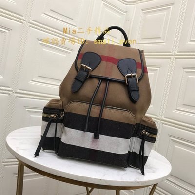 【二手正品】實拍Burberry The Rucksack中號Canvas格紋拼皮革軍旅背包 40302011 雙肩後背包 書包