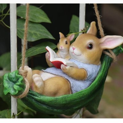 庭院戶外樹上掛件秋千兔子裝飾品花園雜貨創意卡通動物樹脂小擺件~爆款