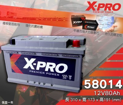 全動力-X-PRO 58014 (12V80Ah) 歐規款型 免加水 進口汽車電瓶 福特 賓士 寶馬 奧迪 福斯適用