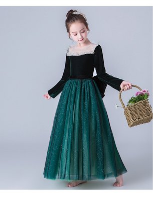 韓版女童黑色墨綠色長禮服 蓬蓬裙 公主裙 畢業季演出服 鋼琴演奏 花童 長袖禮服 洋裝紗裙