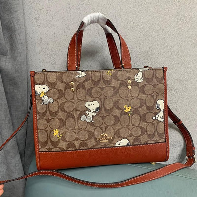 【琳精品】Coach  CE862  經典老花面料 史努比聯名款托特包手提斜挎包 托特包 購物袋 女包