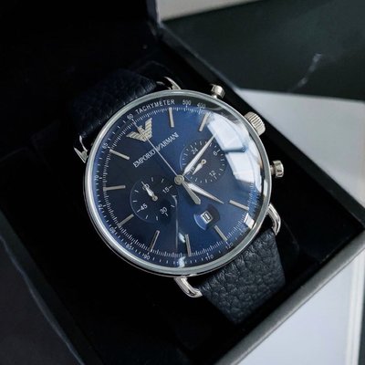 EMPORIO ARMANI Classic 藍色錶盤 皮革錶帶 石英 雙眼計時 男士手錶 AR11105