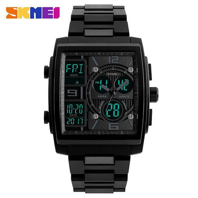 Skmei 1274 電子表男士時尚休閒背光手錶黑色 PU 錶帶雙顯示防水手錶男