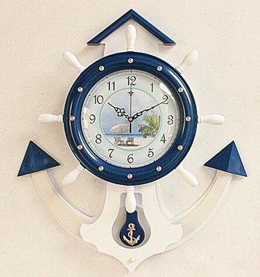 5417A 歐式 地中海藍色船錨造型鐘 牆面鐘裝飾掛鐘 船錨舵手創意鐘時鐘靜音鐘