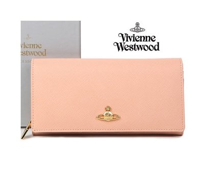 Vivienne Westwood ( 淡粉紅色 ) 真皮防刮壓紋兩摺長夾 皮夾 錢包｜100%全新正品｜特價!