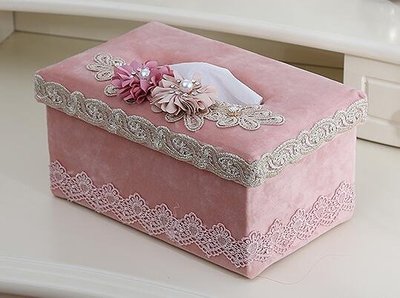 粉色絨布浪漫紙巾盒 蕾絲繡花面紙盒 抽紙盒 歐式紙巾盒擺件 衛生紙盒 3333A