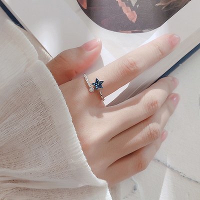 女戒指戒指甜美星星S925新款清新創意款手飾女通體純銀藍色簡約風
