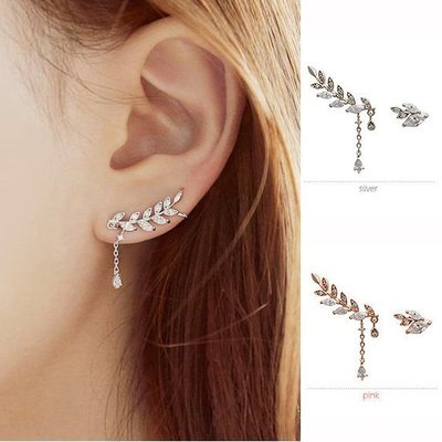 ╭✿蕾兒0509✿╮EB005-韓國飾品時尚閃閃水鑽麥穗水晶鍊條垂墜耳釘耳環耳飾品