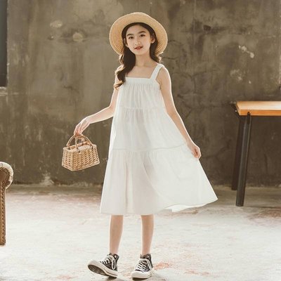 2022夏韓板中大童女童度假海邊洋裝吊帶裙蛋糕白色公主-羊城故事