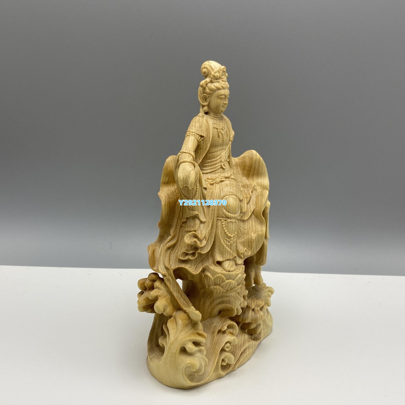 小葉黃楊木雕刻御浪坐荷葉自在觀音菩薩人物神像實木家居裝飾擺件木雕 