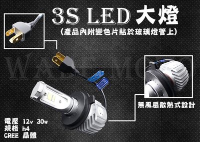 韋德機車精品 3S LED 大燈 無風扇 玻璃燈管 三色可變換 (附變色片)