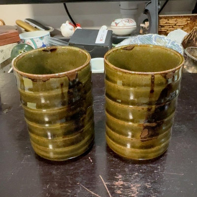 日本回流2只價格湯吞杯主人杯兩只一套滿綠釉掛鐵釉