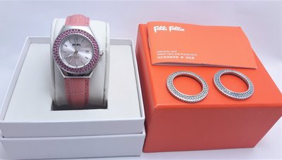 【Jessica潔西卡小舖】時尚設計品牌錶FOLLI FOLLIE 白面水鑽皮帶腕錶,附原裝錶盒及單