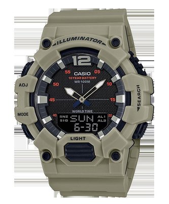 【金台鐘錶】CASIO 卡西歐 世界時間 雙顯男錶 樹脂錶帶 燈光 十年電力 (大地色系) HDC-700-3A3