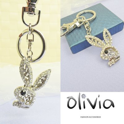 Olivia Fashion 可愛立體鏤空長耳兔施華洛世奇水鑽厚鍍14K白金鑰匙圈 包包鍊 吊飾【EK00208】