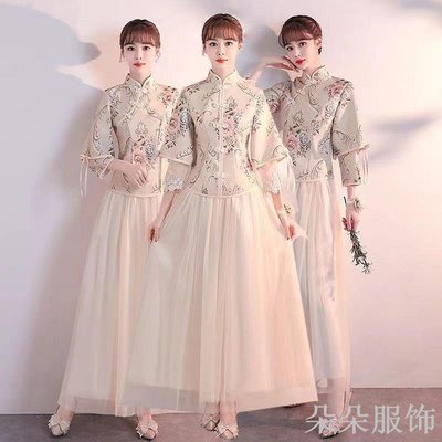中式伴娘禮服 新款中國風 長款顯瘦合唱表演晚禮服 伴娘服 表演服 禮服