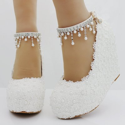 MOMO精品-白色坡跟鞋女蕾絲串珠婚鞋坡跟單鞋white lace wedges shoes heel