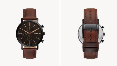 FOSSIL 美國最受歡迎頂尖運動時尚三眼計時皮革腕錶-黑+咖啡-BQ2461