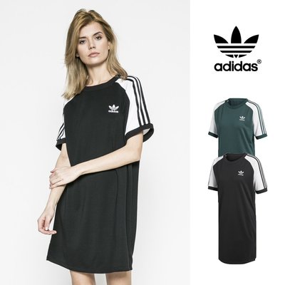 【GT】Adidas Originals 黑綠 洋裝 女款 運動 休閒 棉質 短袖 長版 連身裙 愛迪達 三葉草 三條線